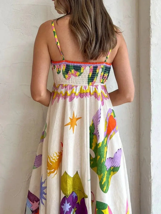 Strap Printing Large Swing Midi Dress speciaic