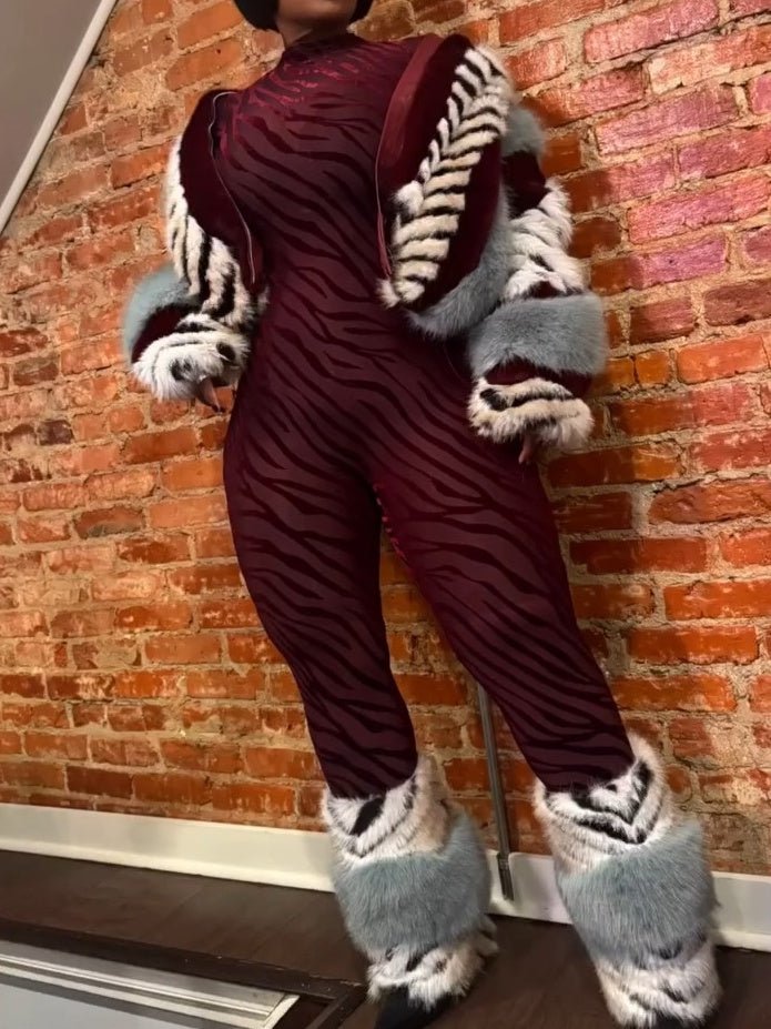 Striped Faux Fur Collared Filled Statement Jacket fashgoods