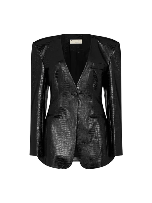 STRUCTURED FAUX CROC LEATHER BLAZER IN BLACK laseze