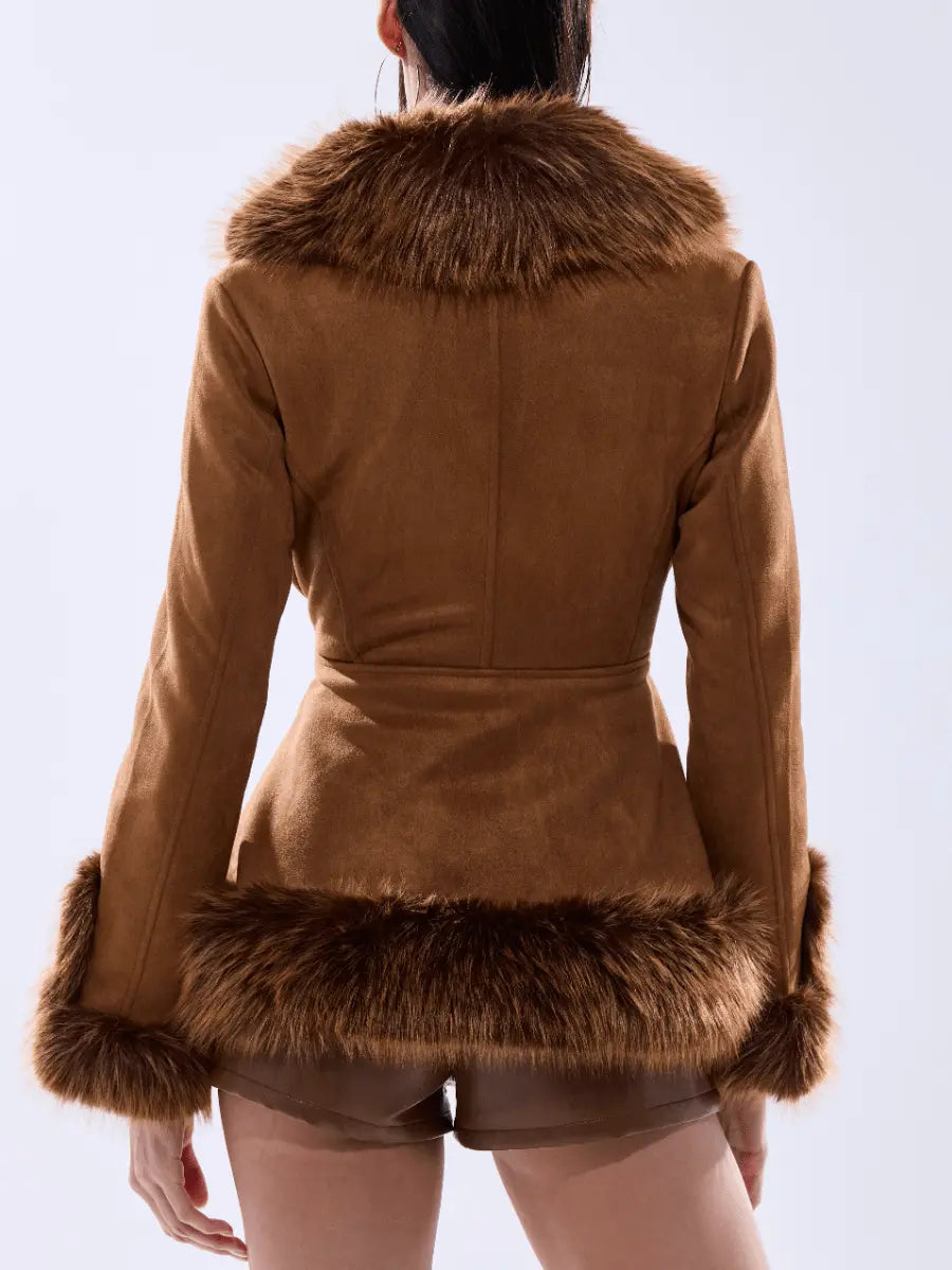 Suede Fur-Trim Coat laseze