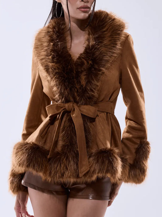 Suede Fur-Trim Coat laseze