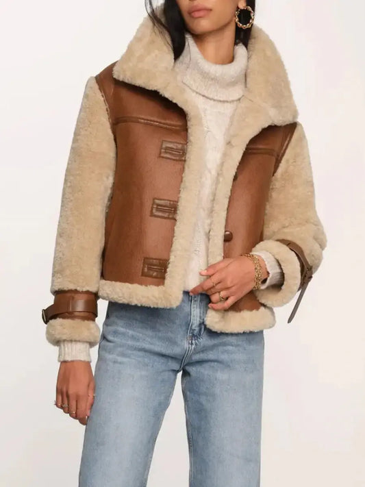 Tan Shearling & Leather Contrast Bomber Jacket laseze
