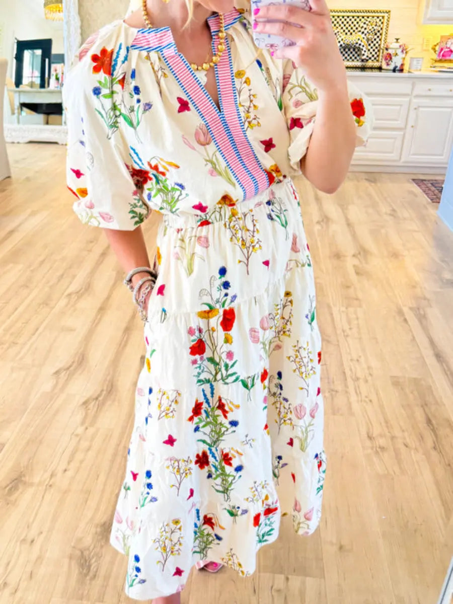 THML Cream Floral Puff Sleeve Maxi Dress chicsfit