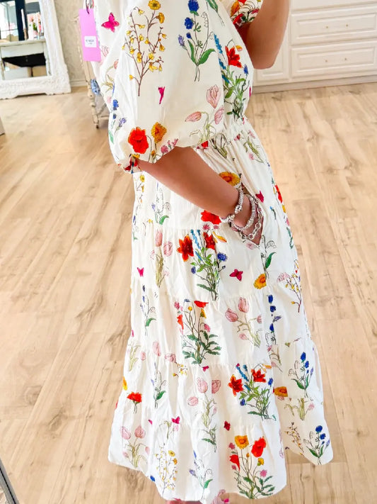 THML Cream Floral Puff Sleeve Maxi Dress chicsfit