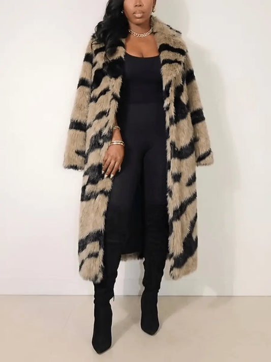 Tiger Stripe Faux Fur Long Coat laseze