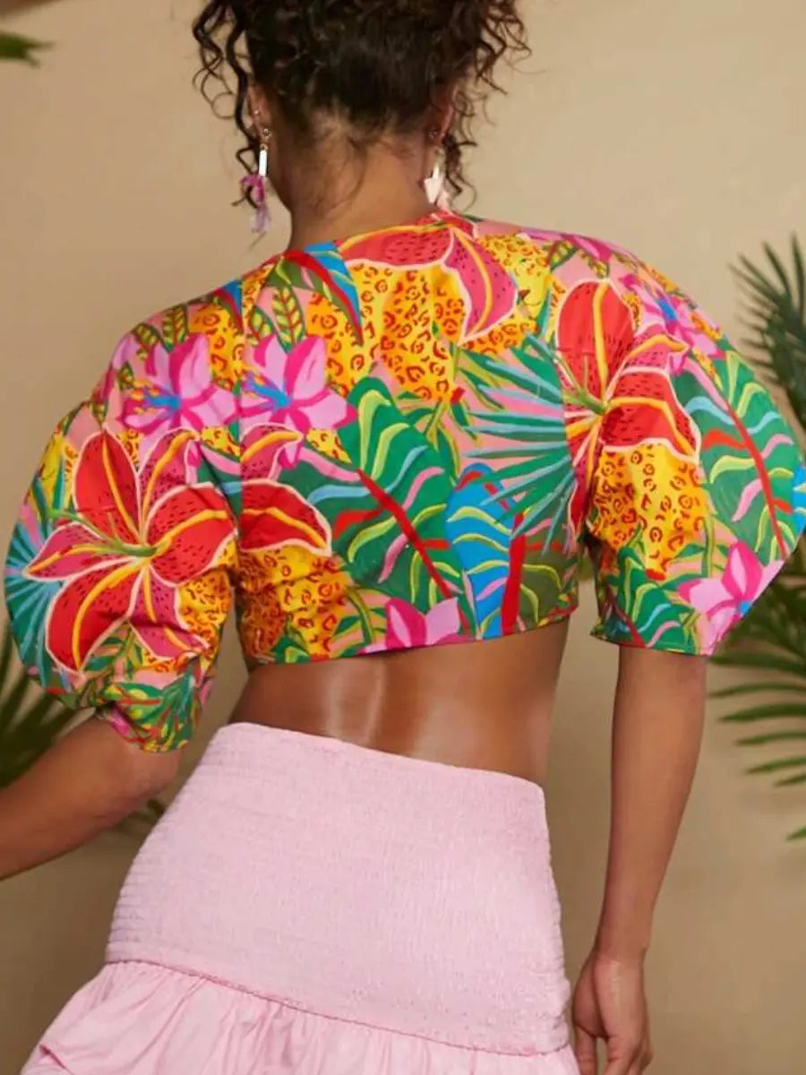 Tropical Print Puff Sleeve Knot Front Crop Suit voguety
