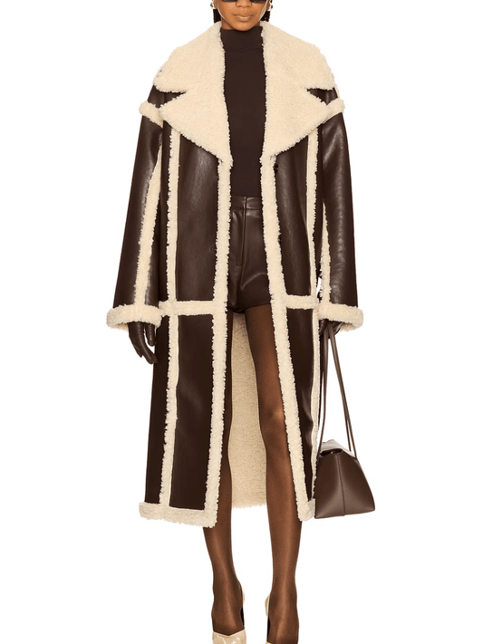 Two-Tone Leather & Shearling Long Coat laseze