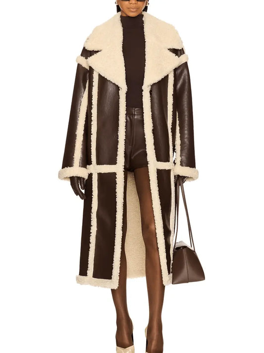 Two-Tone Leather & Shearling Long Coat laseze