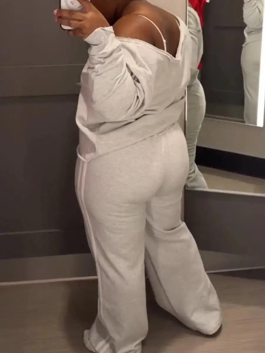 Two - Tone Stripe Wide - Leg Track Suit (Plus Size) - laseze