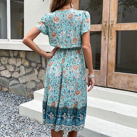 V-Neck Short Sleeve Vintage Print Dress speciaic