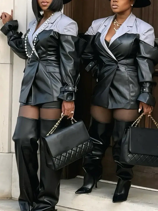 Vegan Leather Blazer – Women’s Faux Leather Tailored Jacket laseze