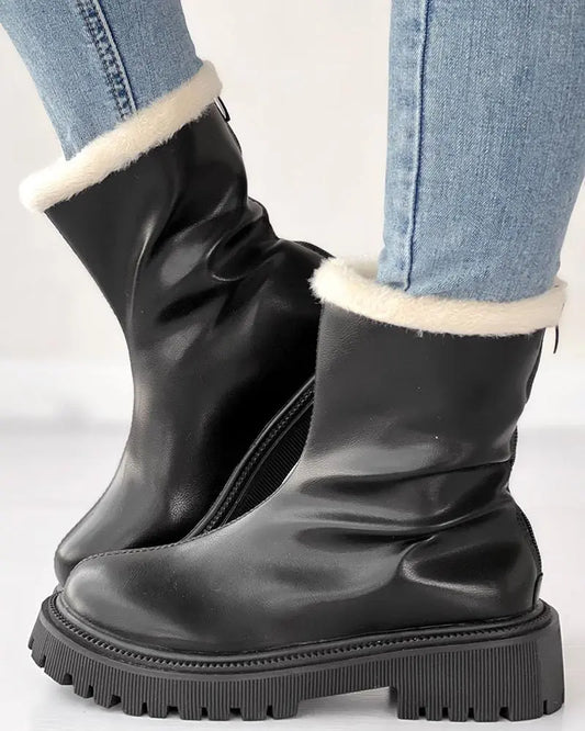Velvet Zipper Up Fuzzy Detail Boots haichic