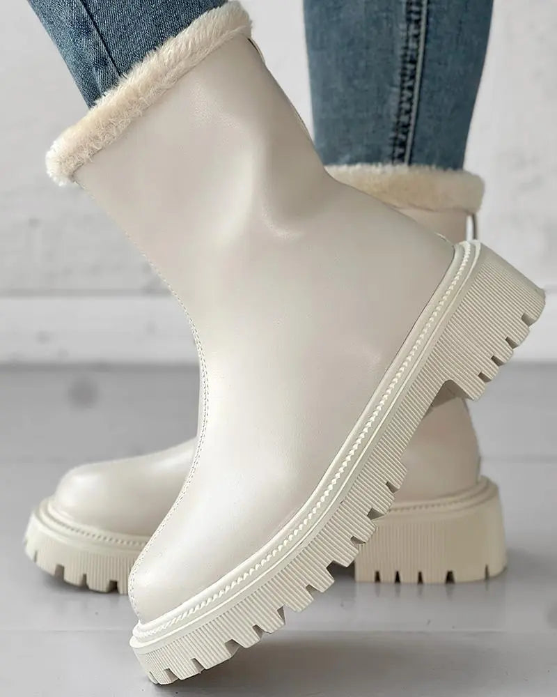 Velvet Zipper Up Fuzzy Detail Boots haichic