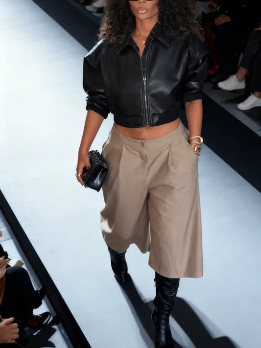 Voluminous Sleeve Cropped Leather Jacket laseze