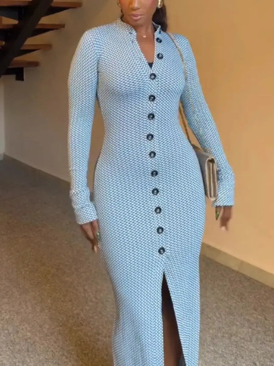 Women's Blue & White Checkered Long Sleeve Button - Front Bodycon Maxi Dress - laseze