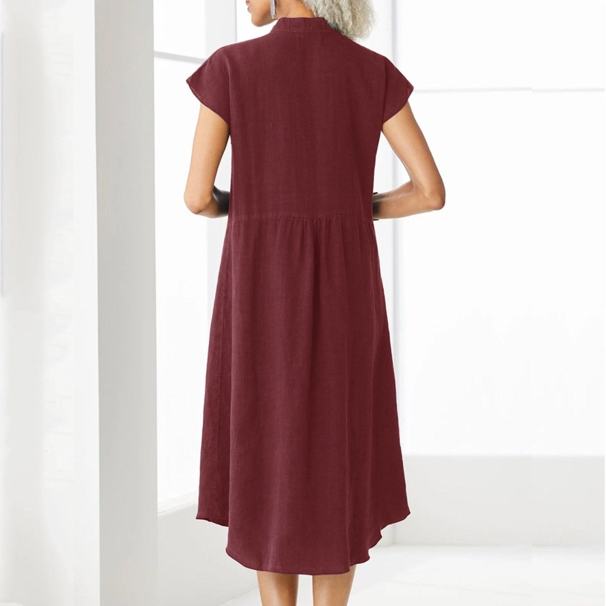 Women’s Button - down Cotton Linen Loose Dress with Pocket - laseze