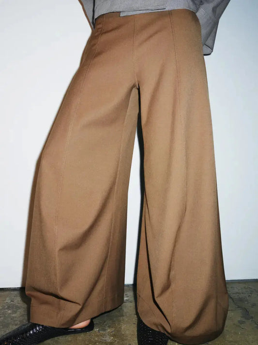 Women's Camel Wide - Leg Tailored Trousers With Structured Seam Detail - laseze