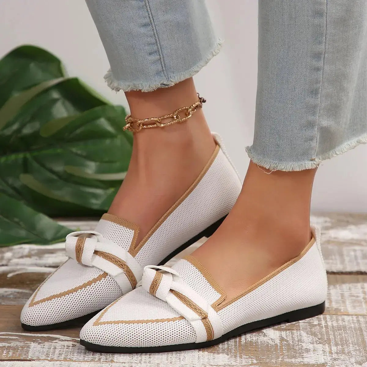 Women's Knit Fabric Bow Loafer Flats haichic