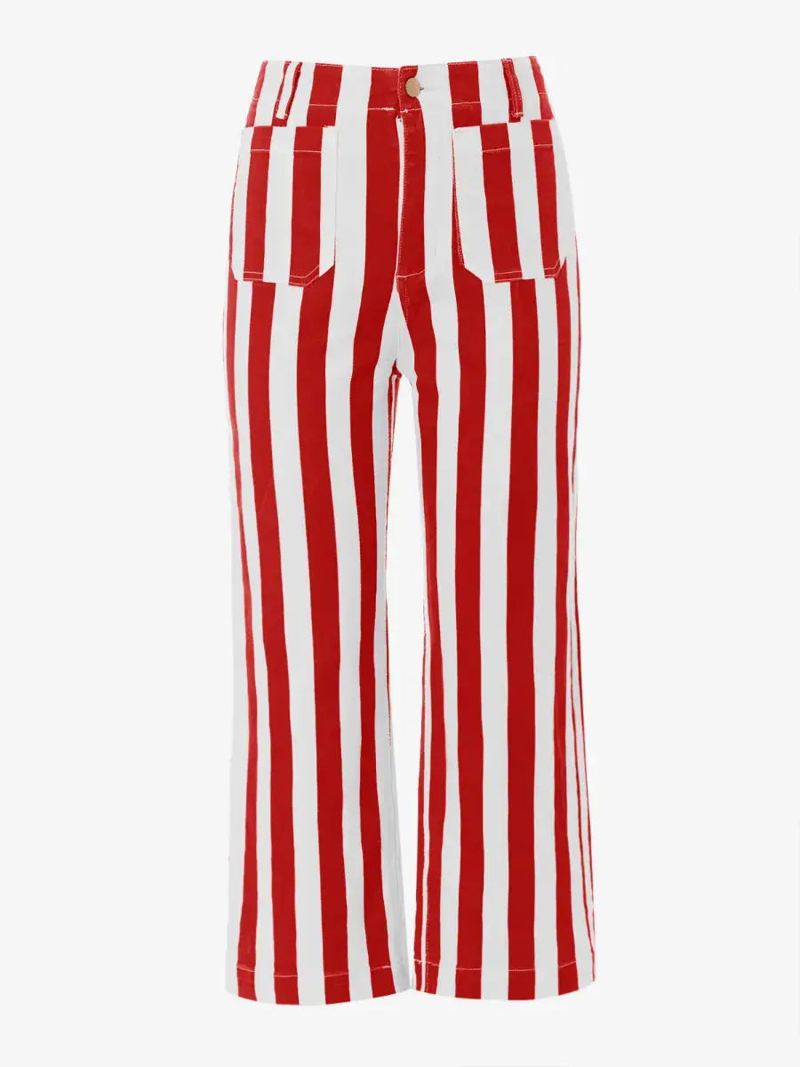 Women’s Red & White Vertical Striped High - Waisted Cropped Wide - Leg Pants - laseze