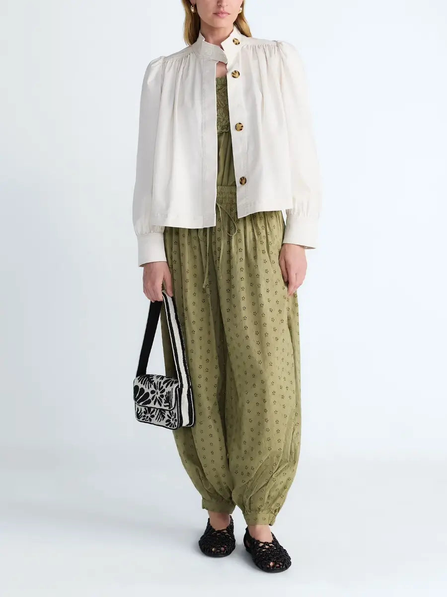 Women’s Stand Collar Puff Sleeve Button - Front Jacket - laseze
