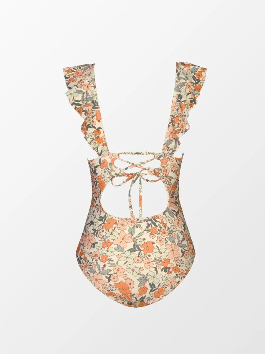 Women's V-neck Flounce Lace-up One-piece Swimsuit voguety