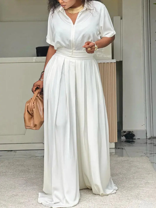Women’s White 2 - Piece Set: Short - Sleeve Collared Top & High - Waisted Pleated Wide - Leg Pants - laseze
