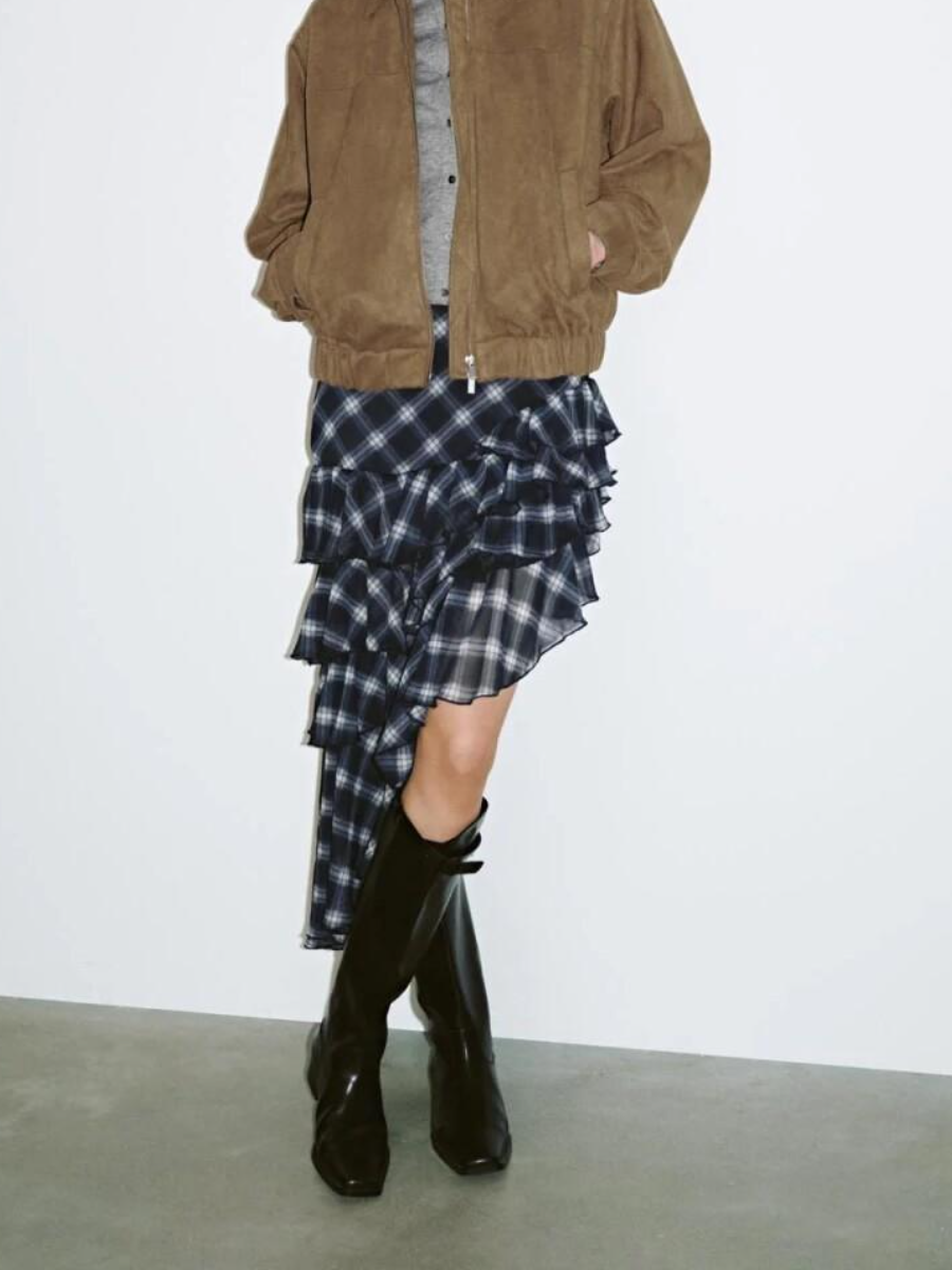 Irregular Hem Layered Plaid Skirt