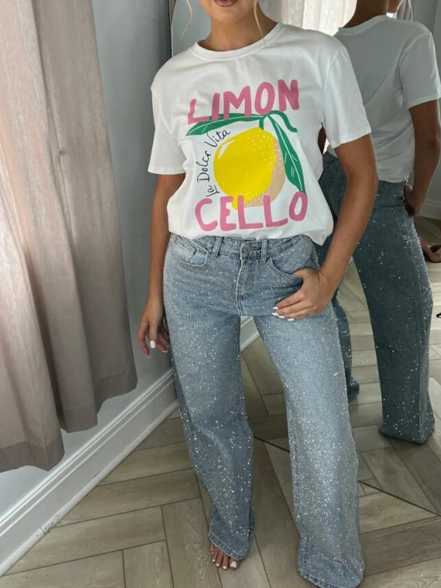 Silver Diamanté-Embellished Light Blue Wide-Leg Sparkle Jeans