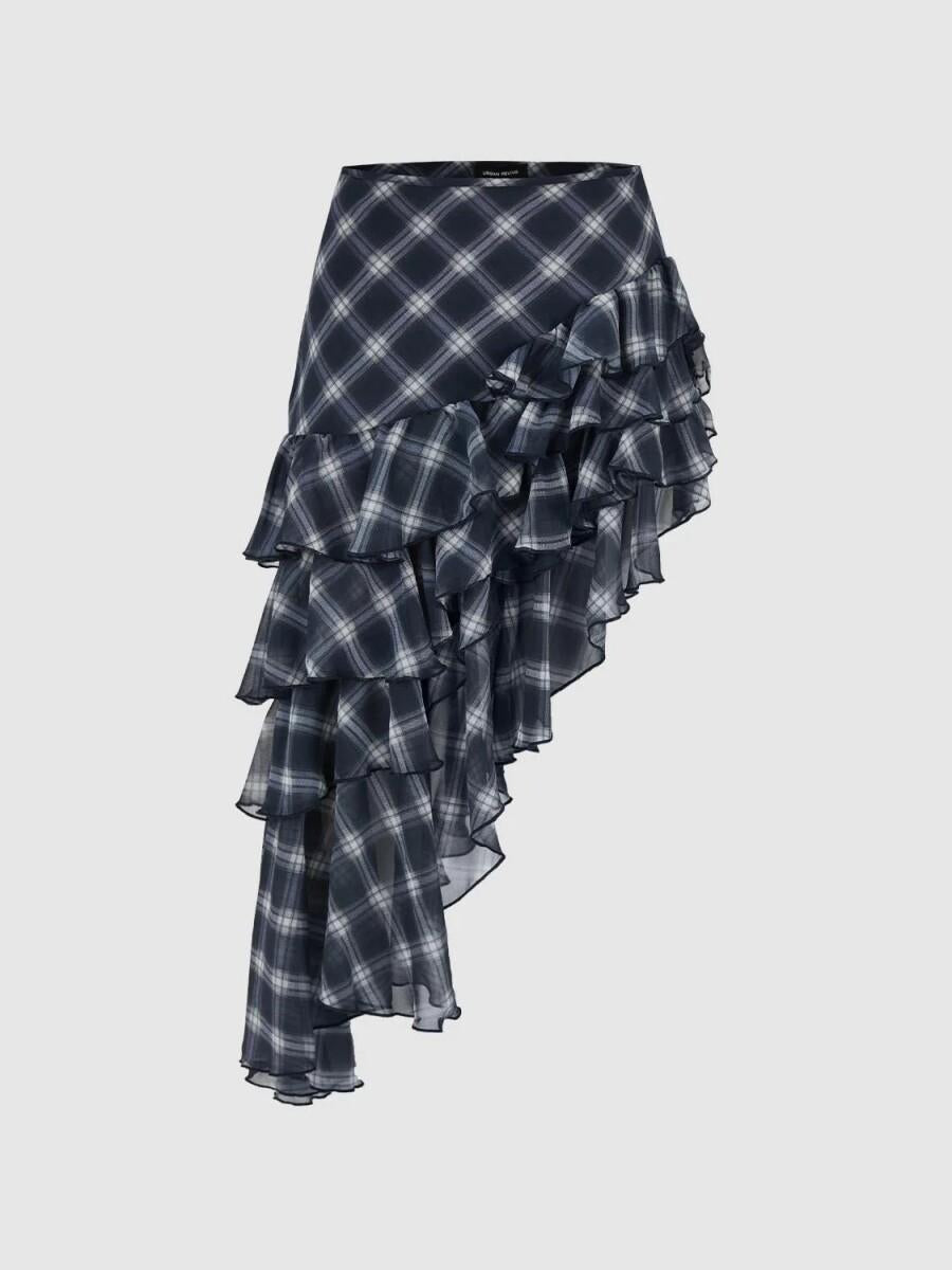 Irregular Hem Layered Plaid Skirt