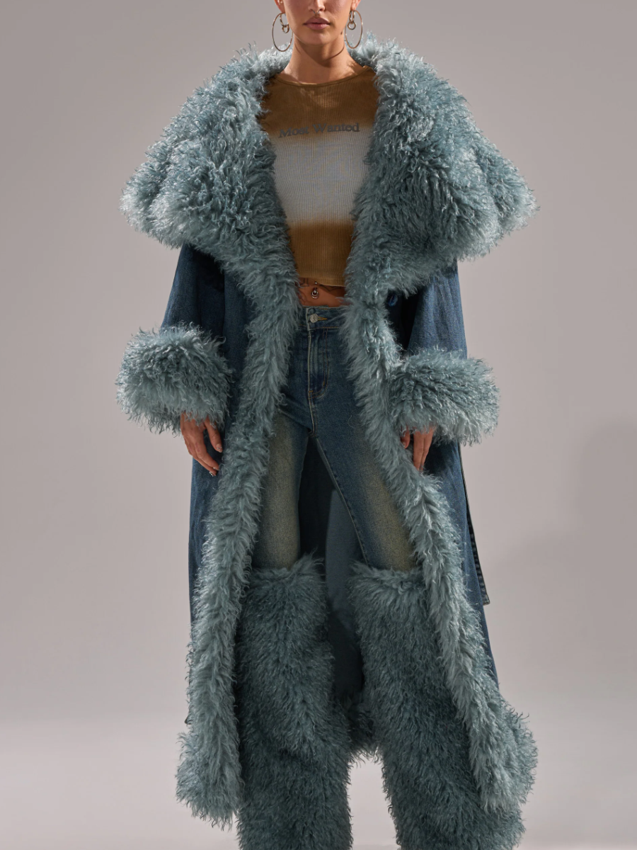 Teal Fur-Trimmed Oversized Denim Trench