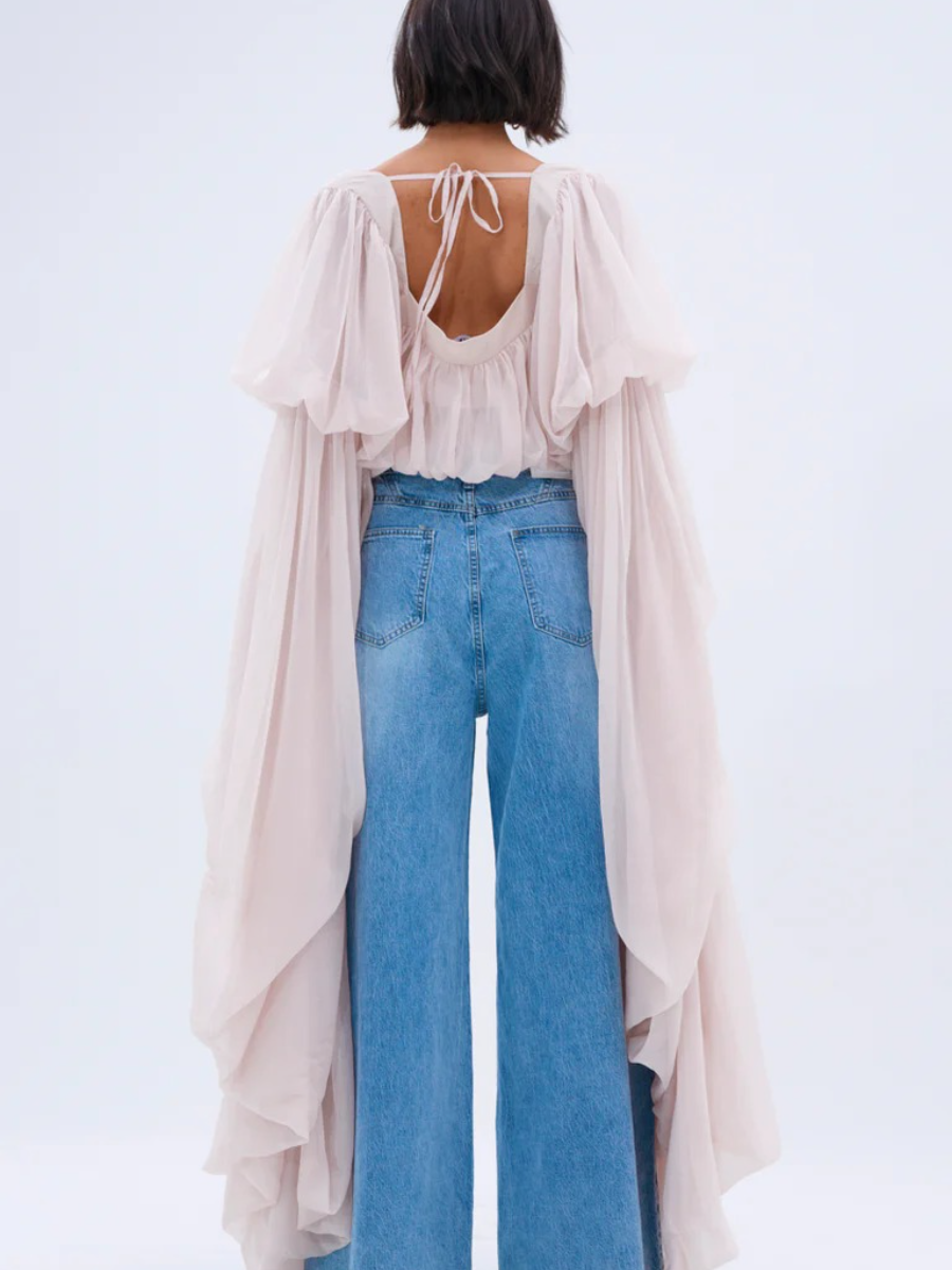 Organza Cape-Sleeve Square Neck Crop Top