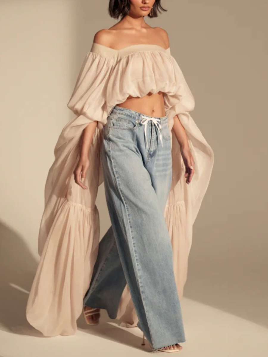 Organza Cape-Sleeve Square Neck Crop Top