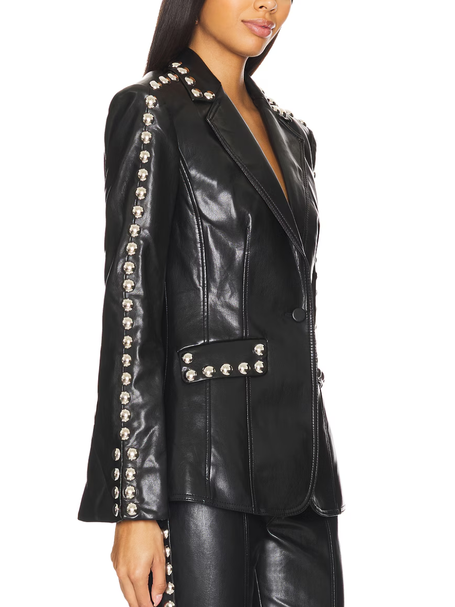 Black Patent Leather Stud-Embellished Blazer laseze