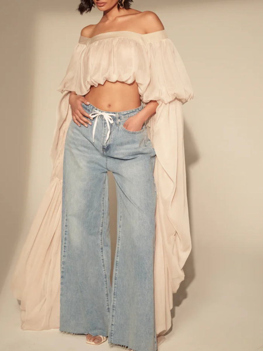 Organza Cape-Sleeve Square Neck Crop Top