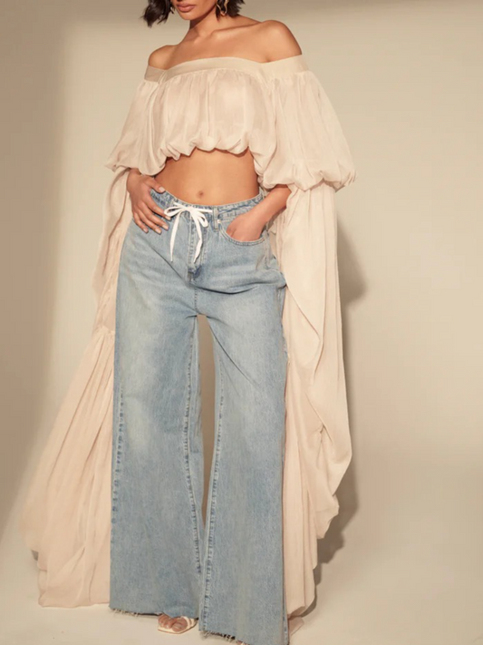 Organza Cape-Sleeve Square Neck Crop Top