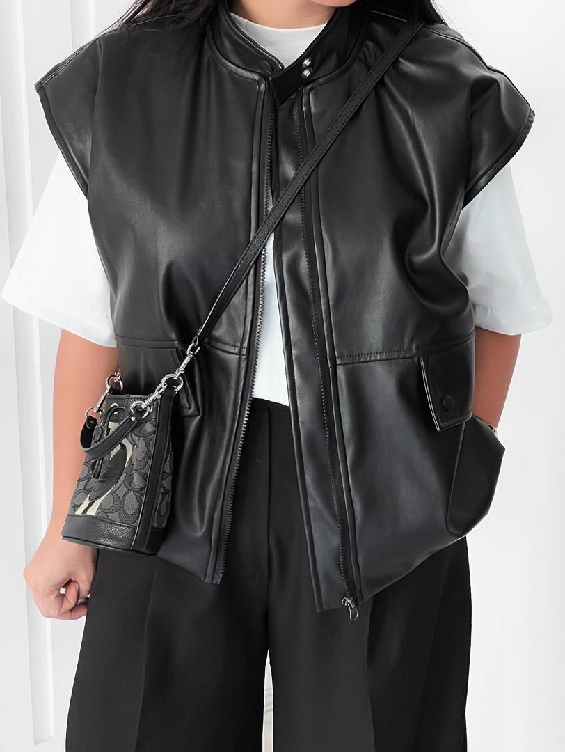 Sleek Faux Leather Sleeveless Jacket
