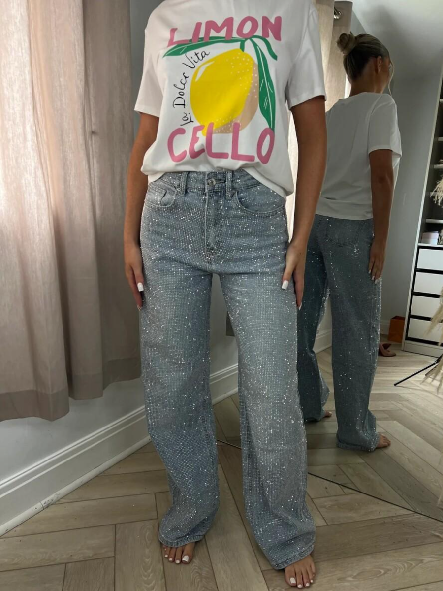 Silver Diamanté-Embellished Light Blue Wide-Leg Sparkle Jeans