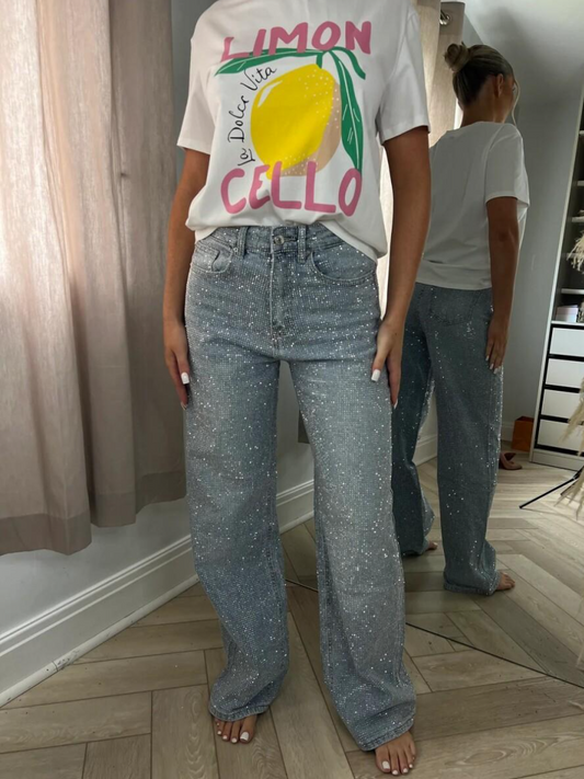 Silver Diamanté-Embellished Light Blue Wide-Leg Sparkle Jeans