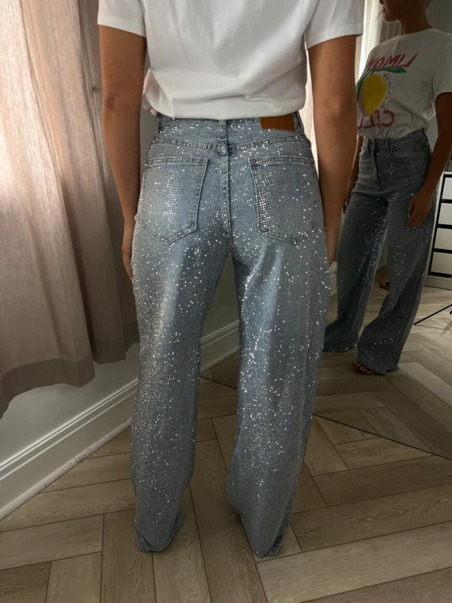 Silver Diamanté-Embellished Light Blue Wide-Leg Sparkle Jeans