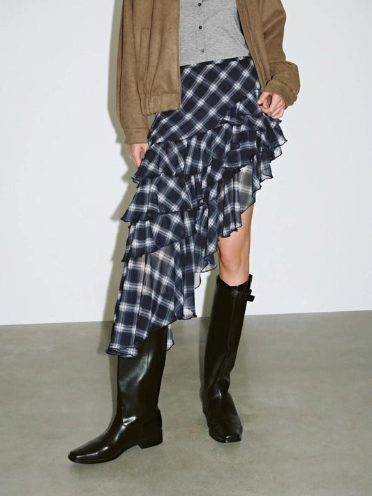 Irregular Hem Layered Plaid Skirt