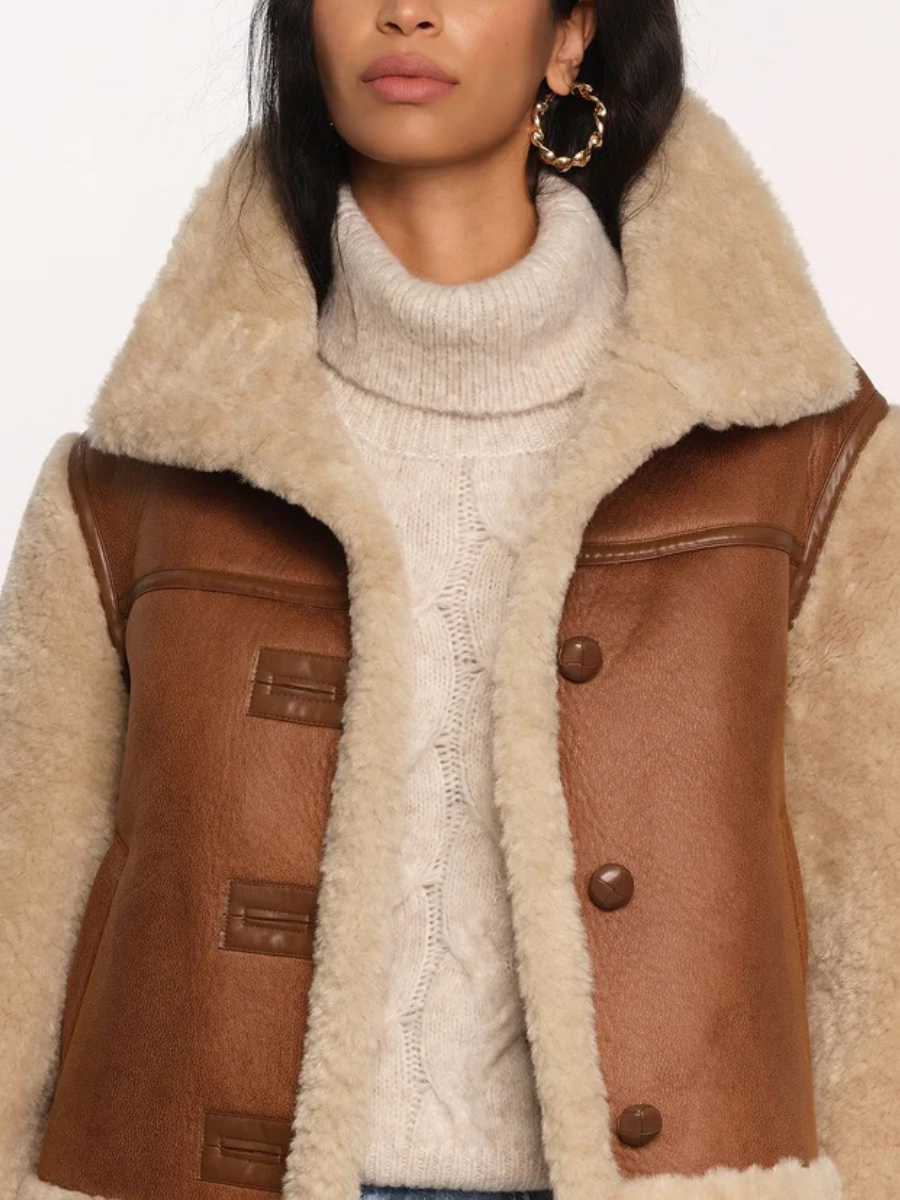 Tan Shearling & Leather Contrast Bomber Jacket