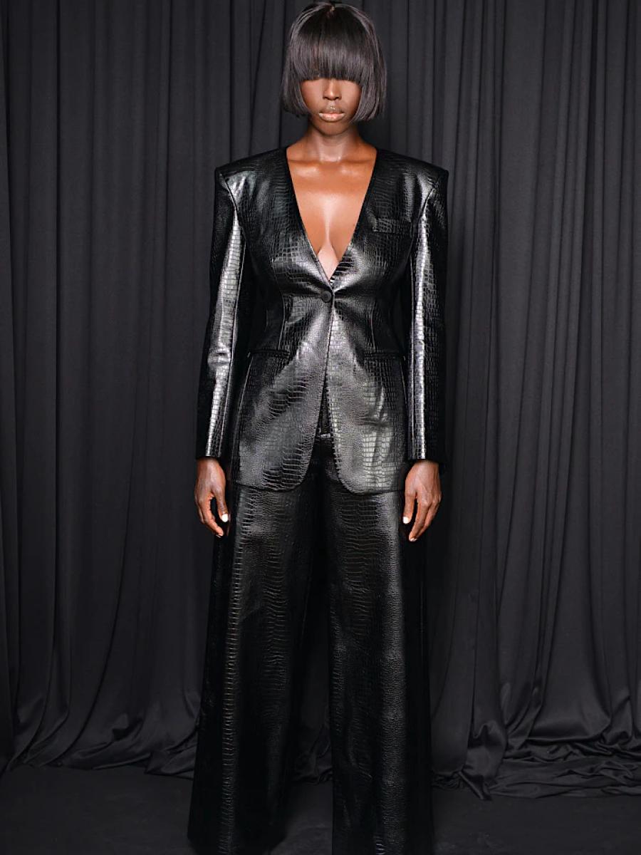 Black Croc-Embossed Faux Leather Power Suit