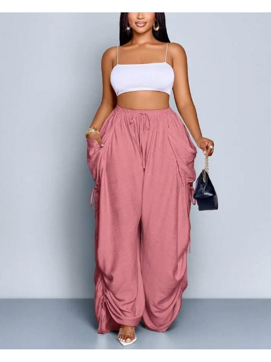 Plus Size Women Solid Color Casual Loose Pocket Drawstring Pants