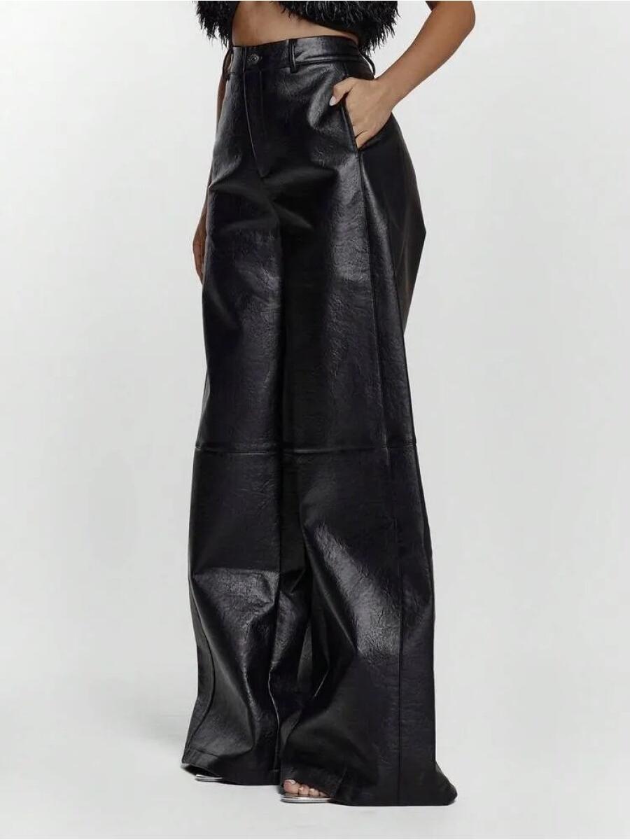 Imitation Leather Wide Leg Waist Pants, Sexy Out, Autumn, Night, Winter, Cute, Street Style, Thanksgiving Day
