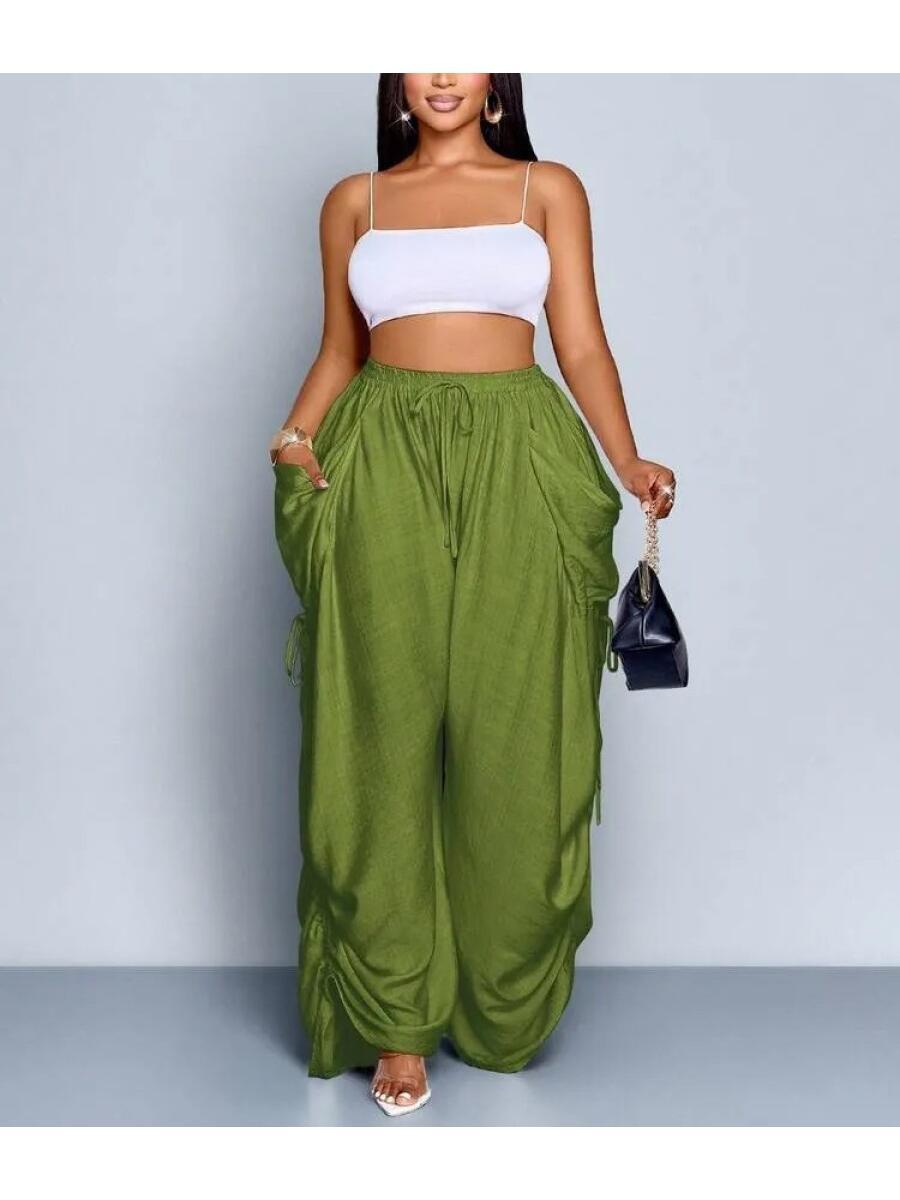 Plus Size Women Solid Color Casual Loose Pocket Drawstring Pants
