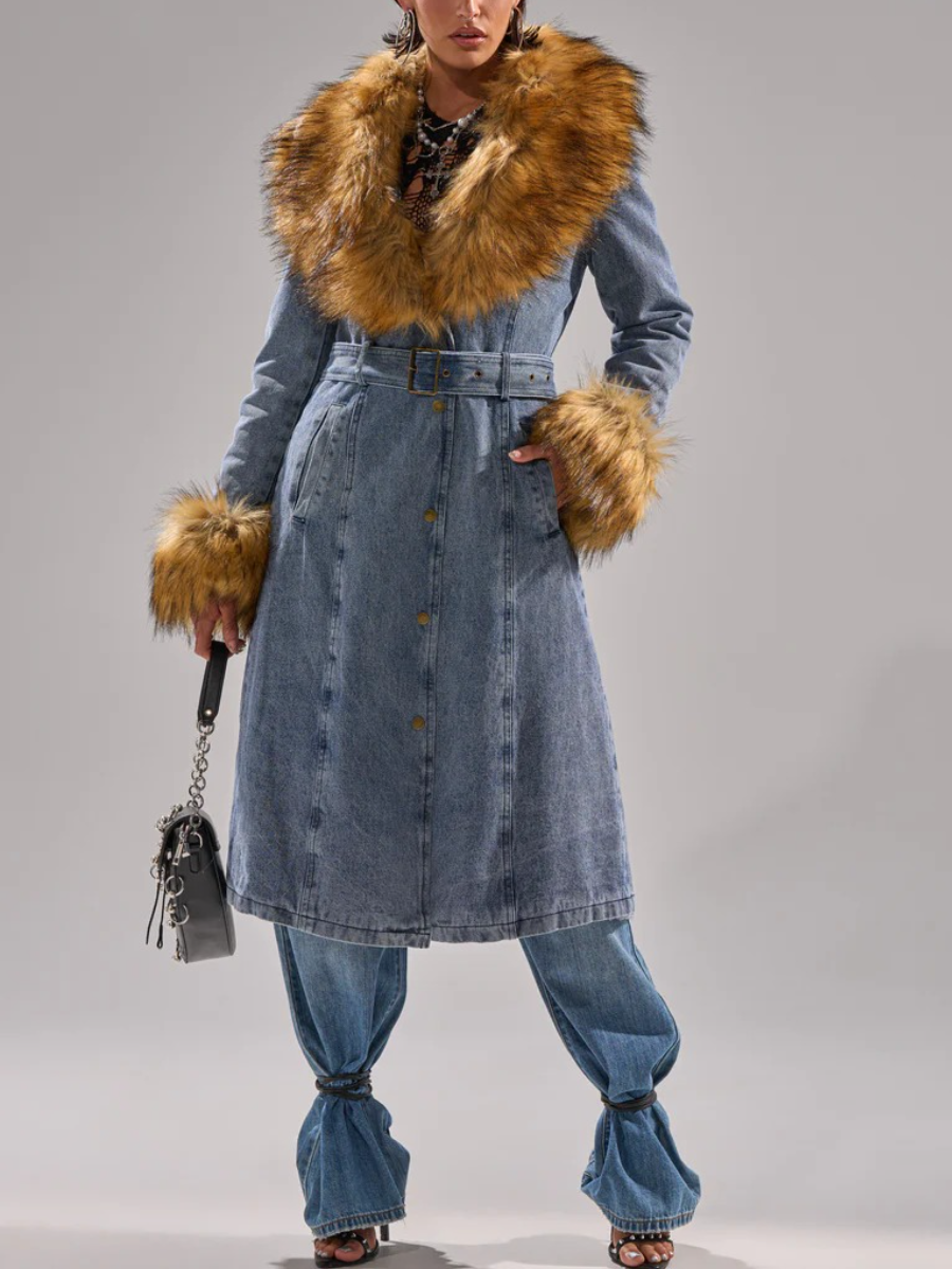 Fur-Trimmed Denim Coat