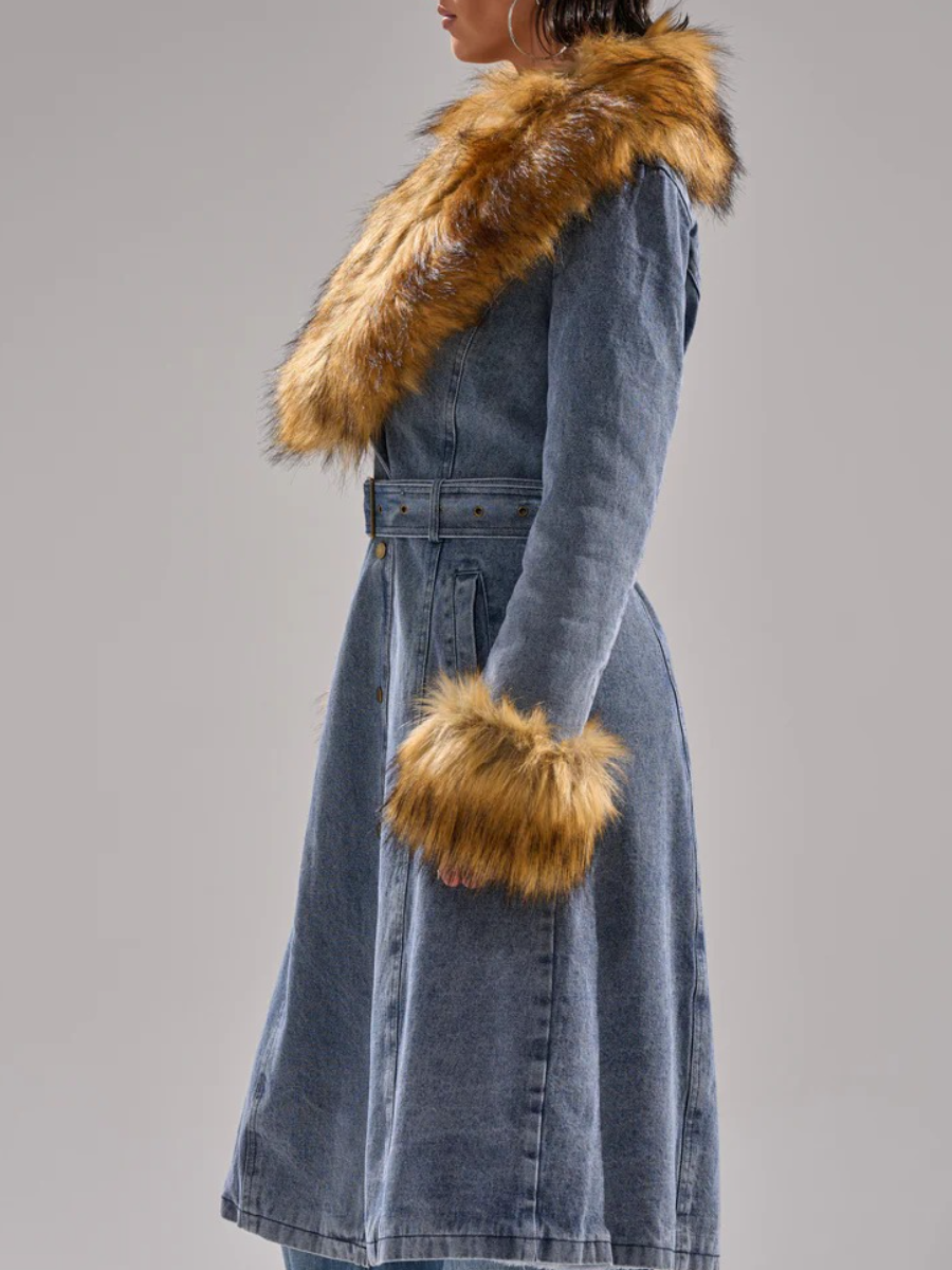 Fur-Trimmed Denim Coat