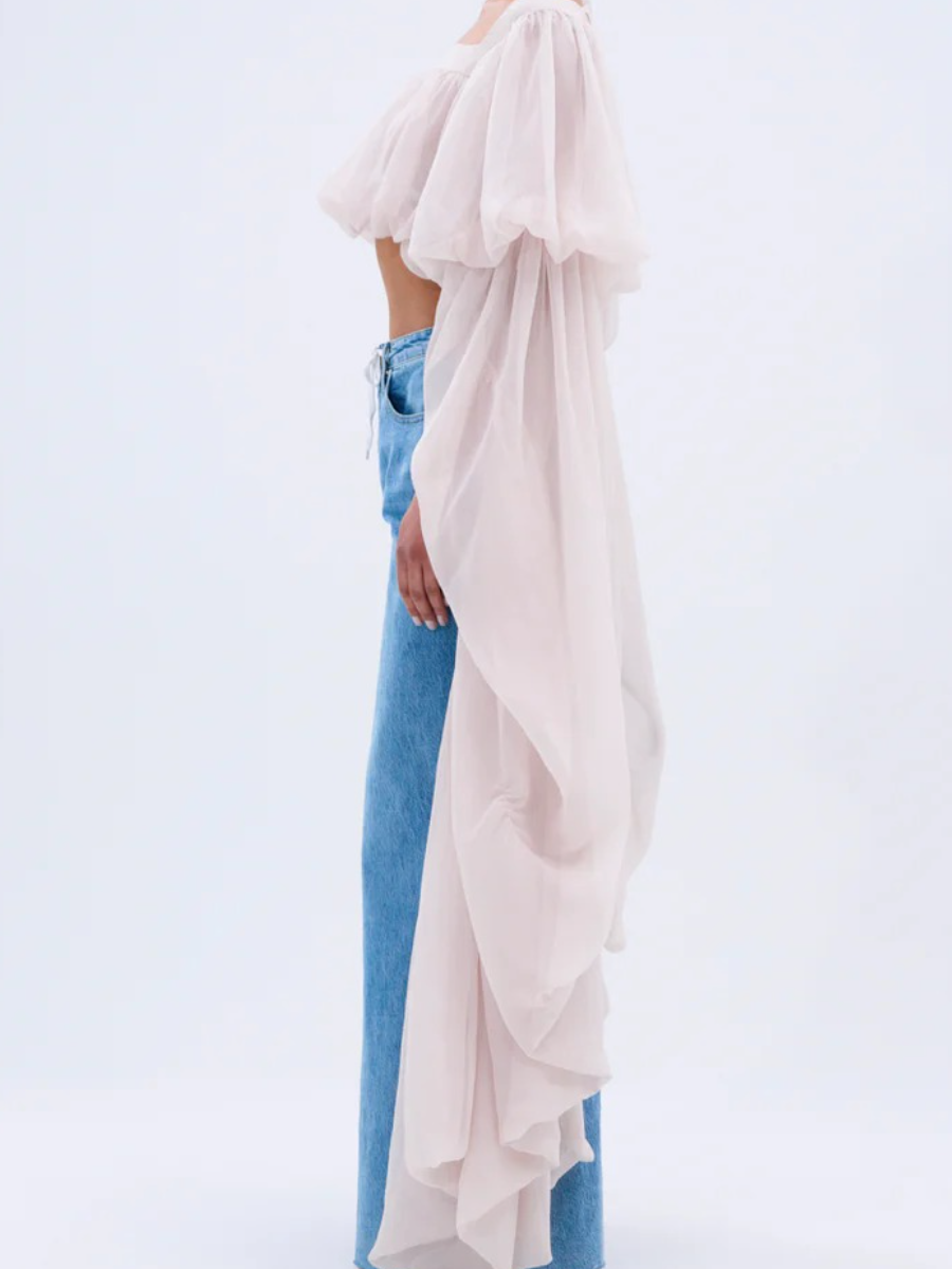 Organza Cape-Sleeve Square Neck Crop Top