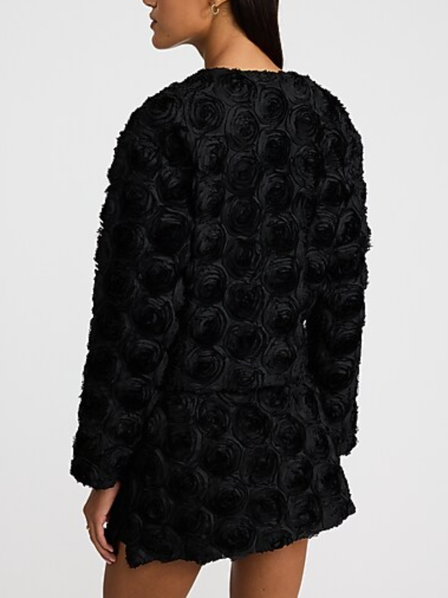 Black 3D Rose Textured Cropped Jacket & Mini Skirt Set