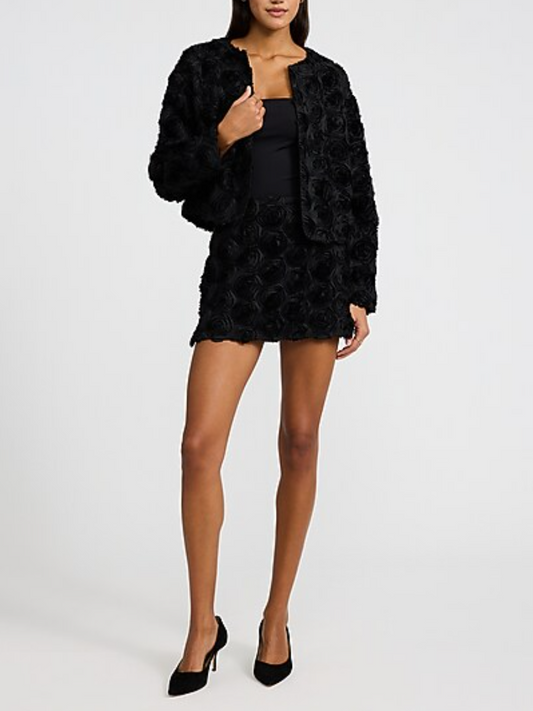 Black 3D Rose Textured Cropped Jacket & Mini Skirt Set